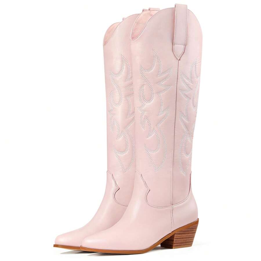 Cowboy Boots For Women, Cowgirl Boots With Sparkly Rhinestone, Almond Toe Low Heel Pull On Westerm Fashion Embroidery Knee High Metallic Cowgirl Boot For Ladies - 粉色 - 查看 1