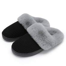DRSLPAR Comfy House Slippers For Women Fuzzy Memory Foam Slippers Cozy Slip On Outdoor Indoor Warm Fleece Lined Bedroom Shoes - 黑灰色 - 查看 2