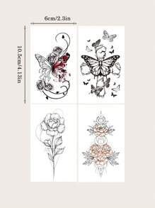 4 張/套素描花蝴蝶和幾何圖案男士女士臨時紋身貼紙,適合手腕腳踝肩部日常和度假使用 - 黑色 - 查看 3