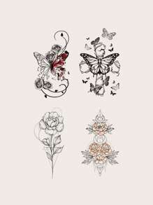 4 張/套素描花蝴蝶和幾何圖案男士女士臨時紋身貼紙,適合手腕腳踝肩部日常和度假使用 - 黑色 - 查看 2