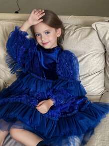 Girls' Velvet Panel Tulle Dress For Middle And Small Children - Blue - View 1