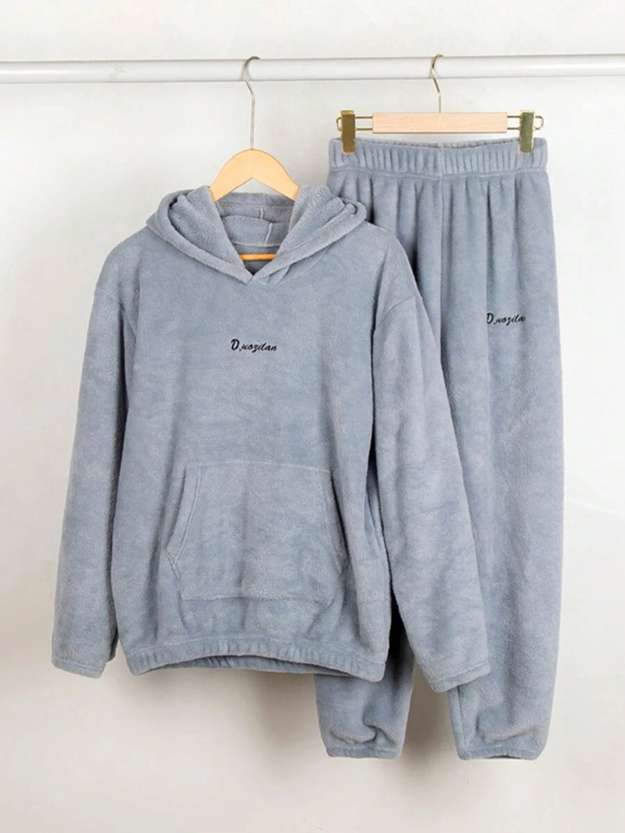 2件簡約女秋冬加厚珊瑚絨連帽口袋字母刺繡長袖長褲家居服套裝 - 藍色 - 查看 1