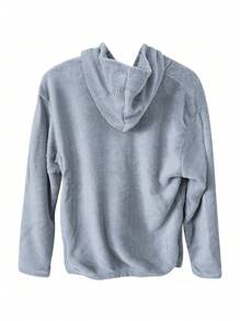 2件簡約女秋冬加厚珊瑚絨連帽口袋字母刺繡長袖長褲家居服套裝 - 藍色 - 查看 3