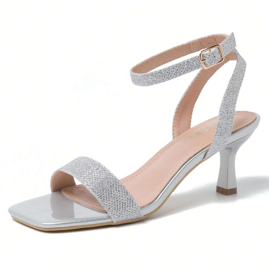 Women's Kitten Heels Sandals Ankle Strap Square Open Toe Summer Party Dress Wedding Dance Shoes - Silver - View 1