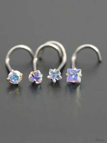 4 sztuki/zestaw wielofunkcyjnej modnej biżuterii do piercingu dla kobiet, z okrągłym, pentagramem, sercem, kwadratem, cyrkonią sześcienną w kształcie sześcianu, kolczykiem do nosa/kolczykiem/kolczykiem do wargi/kolczykiem do tragusa ze stali nierdzewnej, z prętem o długości 0,8 x 7 mm i zakrzywionym wzorem pręta Walentynki, mama, matka, dzień matki, prezent