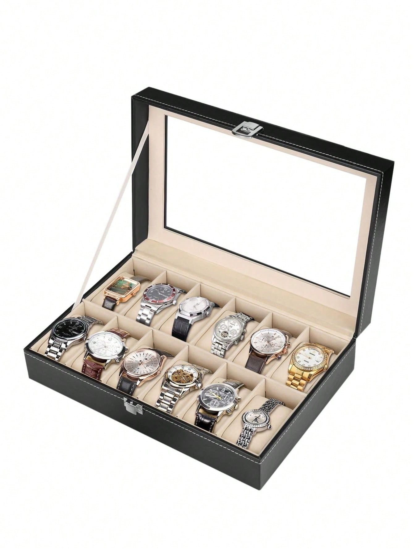 12 Slot Leather Watch Box Display Case Organizer With Framed Glass Lid