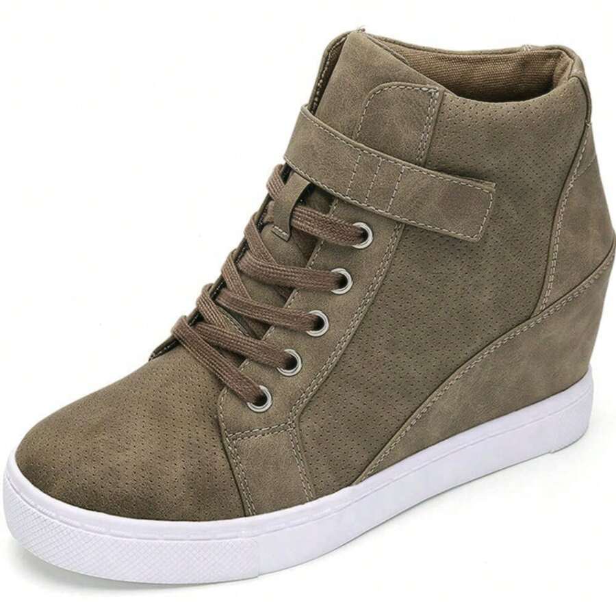 Women's Lace Up Wedge Sneakers High Top Fashion Sneakers Ankle Booties - 卡其色 - 查看 1