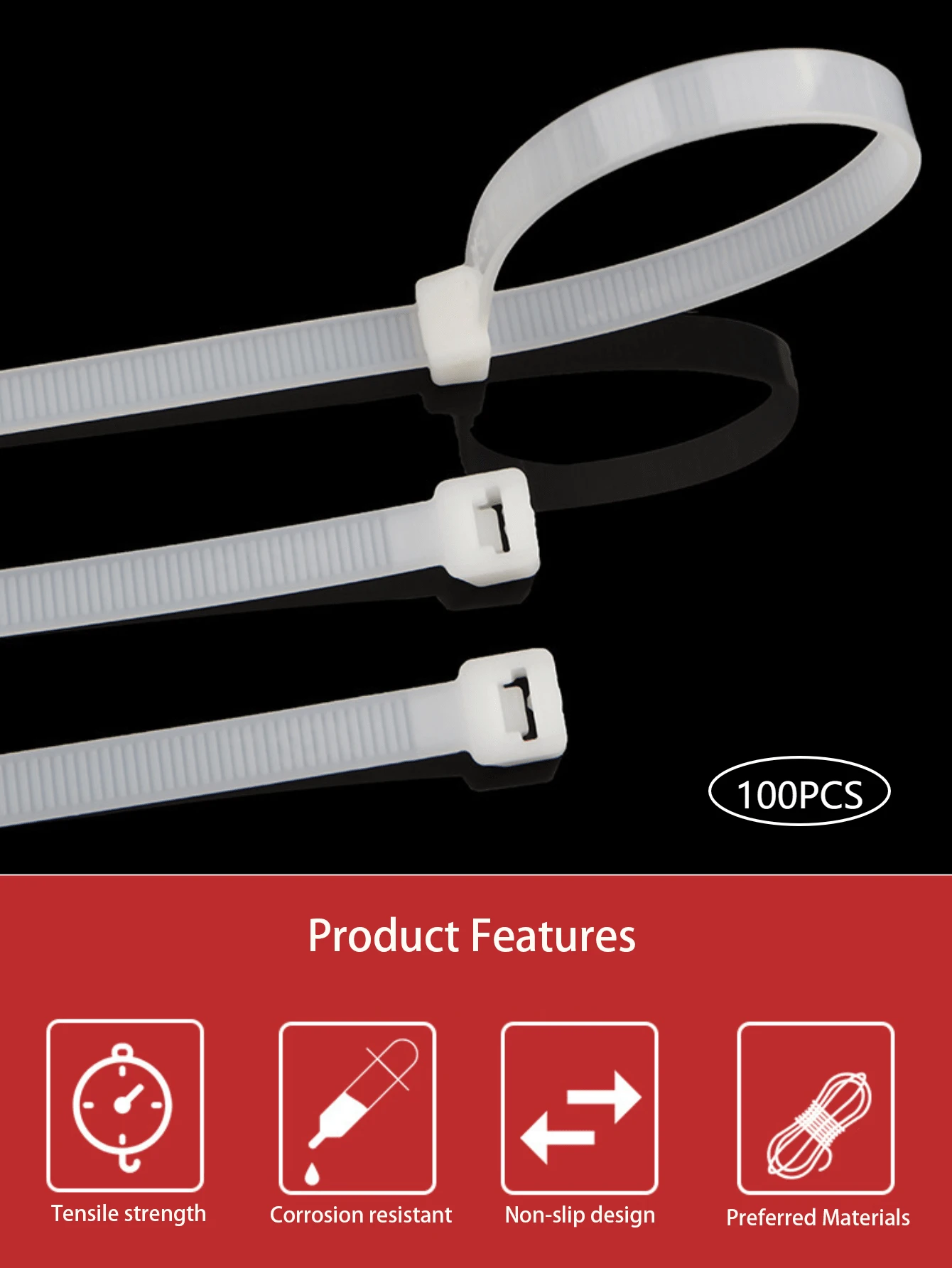 100pcs Self-locking Nylon Cable Ties/plastic Zip Ties/bundle Wire Ties, White - White - View 1