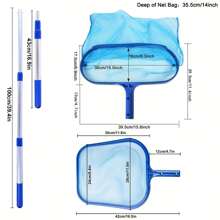 3Pcs/Set Pool Cleaning Tools Pool Flat And Deep Skimmer Net Set With 17"-40" Telescopic Pole Leaf Skimmer Fine Mesh Net Rake Net For Cleaning Above Ground Inground Pool Hot Tub Spa Pond - Blue - View 2