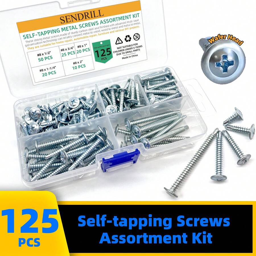 1入組125件鍍鋅自攻螺絲五種尺寸套件,適用於金屬木材和塑膠板的薄板螺絲 - 銀色 - 查看 1