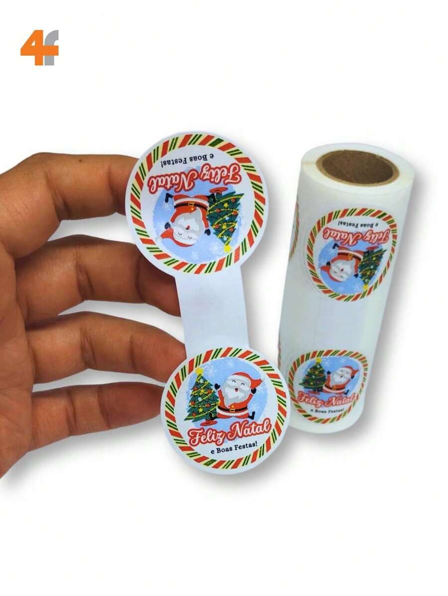 100 Etiquetas Adesivas - Lacre Fecha Sacola - Tam: 10 x 4 Cm - Natal - - Multicolorido - Visão 1