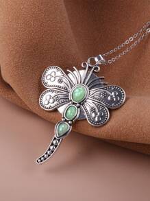 1 Pieza Collar De Resina Plateado Antiguo Con Colgante De Libélula Grande Y Pequeña Y Decoración Simulada De Ópalo Verde - Plata antigua - Ver 6