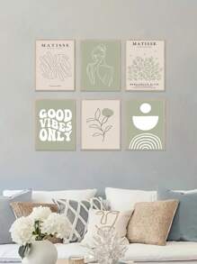 6入組波西米亞風格壁畫,綠色藝術畫,抽象畫海報,抽象線條印花圖片,植物藝術印花,幾何波浪壁畫,葉子帆布海報,北歐風格壁畫,客廳裝飾品無框 - 杏色 - 查看 4