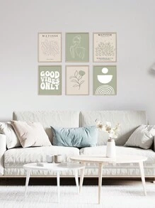 6入組波西米亞風格壁畫,綠色藝術畫,抽象畫海報,抽象線條印花圖片,植物藝術印花,幾何波浪壁畫,葉子帆布海報,北歐風格壁畫,客廳裝飾品無框 - 杏色 - 查看 3