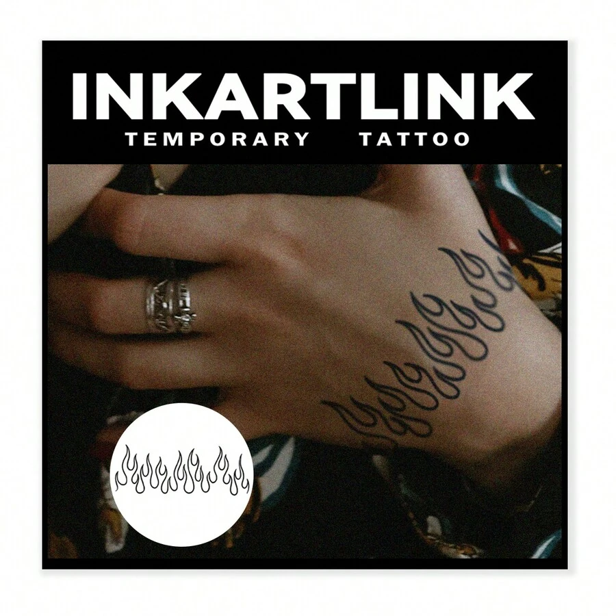 Inkartlink 1張6*10公分火和草本汁圖案暫時性貼紋,紋身,15天持久,半永久性,逼真的假紋身,持久1-2週 - 黑色 - 查看 1