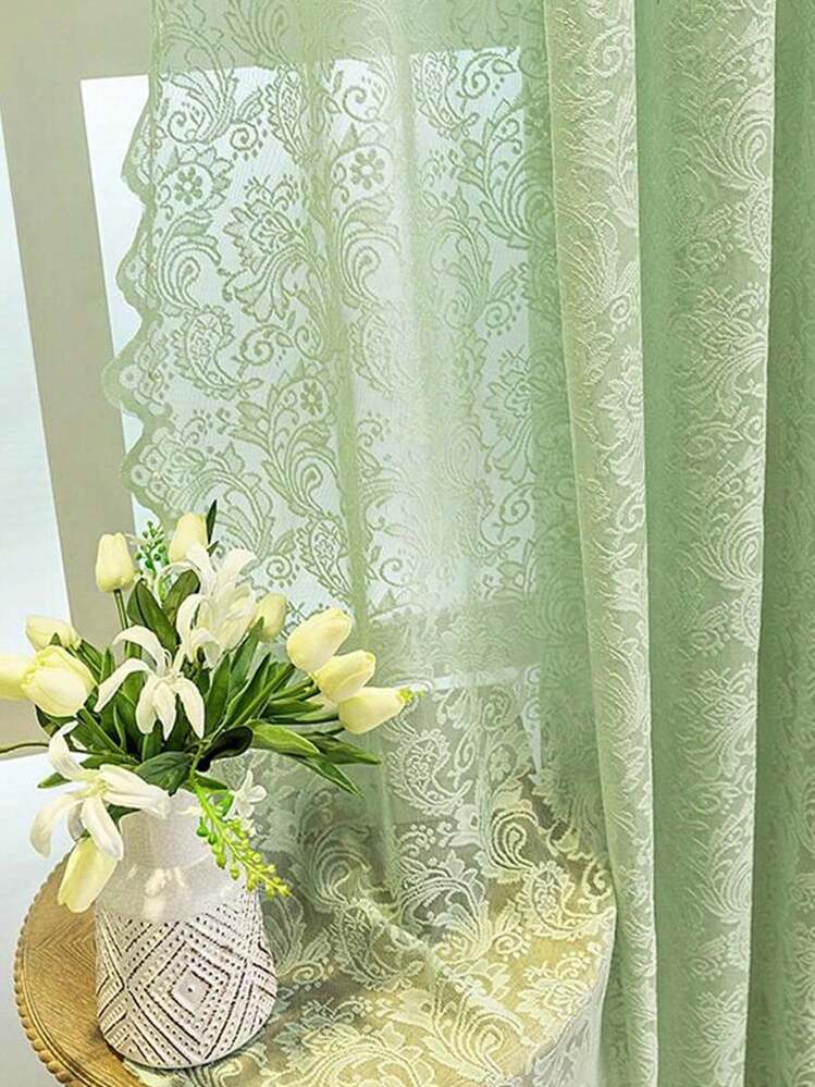 Tenda In Pizzo Verde Floreale Vintage  - Pannello Singolo In Voile Trasparente Per Soggiorno, Camera Da Letto, Cucina - 3
