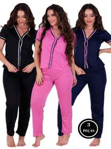 Kit 3 Pijamas Americano Gola V Inverno Amamentação com Botões