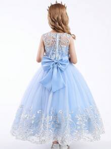 女童蕾丝花童礼服，儿童婚礼伴娘生日派对节日礼服，舞会毕业酒会礼服，夏季 - 淺色水洗藍 - 查看 5