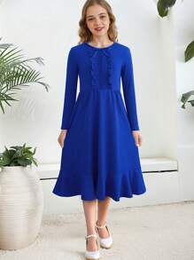 Girls' Pleated Ruffle Hem Dress With Layered Flounce - Blue - View 1