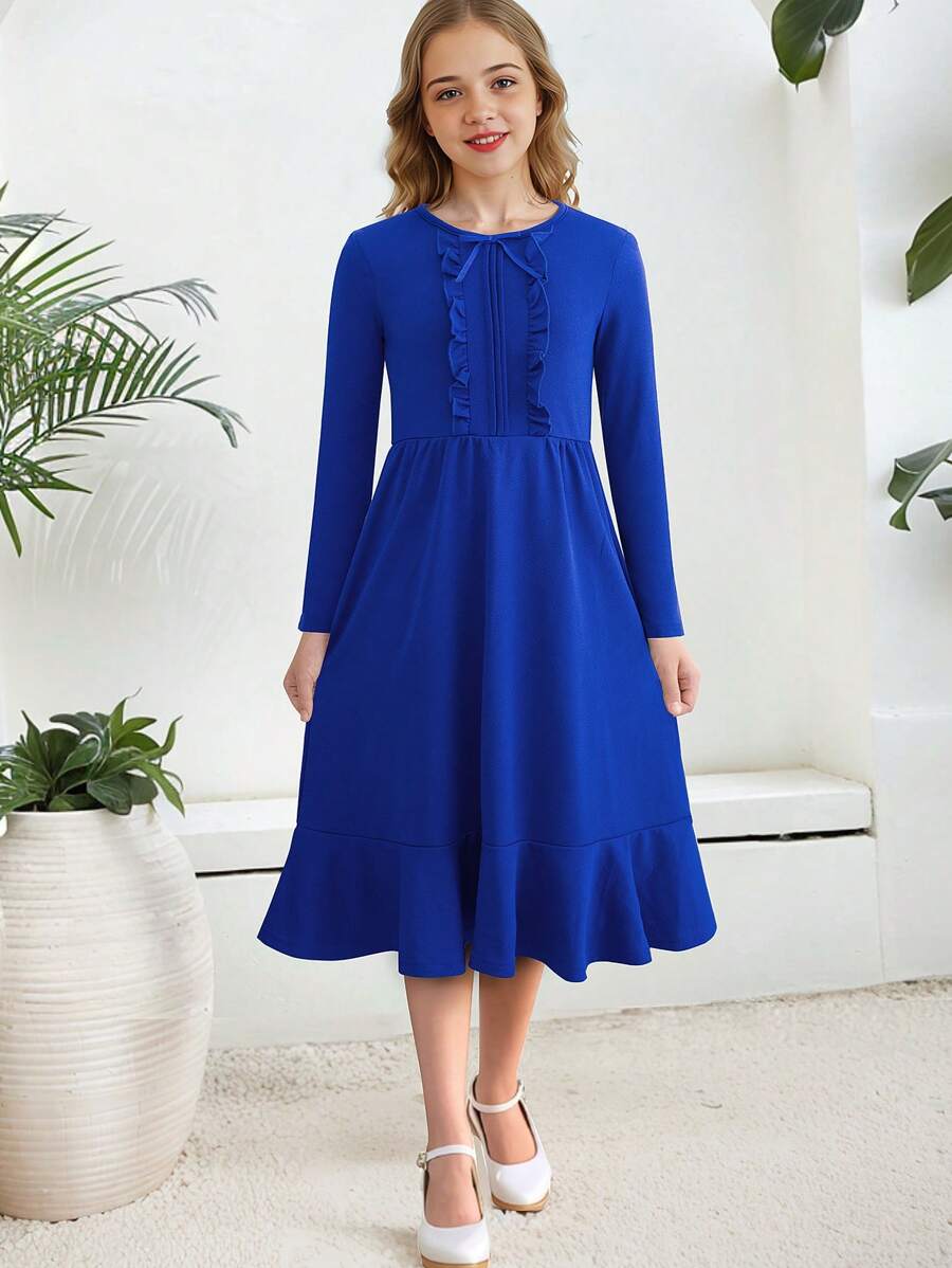 Girls' Pleated Ruffle Hem Dress With Layered Flounce - Blue - View 1