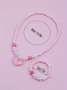 2 peças/Conjunto Gravata Borboleta Rosa, Pingente de Coração Brilhante, Conjunto de Joias com Colar e Pulseira de Contas Coloridas para Meninas, Adequado para Presentes de Festa de Feriado, Cores Variadas - Multicolorido - Visão 4