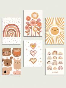 6 件波西米亞風牆藝術彩虹愛心帆布畫向日葵印刷圖片陽光壁畫熊畫海報苗圃牆壁海報女嬰臥室裝飾無框 - 杏色 - 查看 8