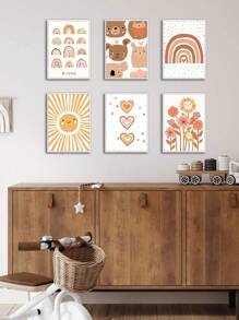 6 件波西米亞風牆藝術彩虹愛心帆布畫向日葵印刷圖片陽光壁畫熊畫海報苗圃牆壁海報女嬰臥室裝飾無框 - 杏色 - 查看 5