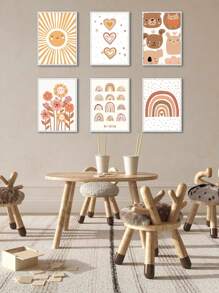 6 件波西米亞風牆藝術彩虹愛心帆布畫向日葵印刷圖片陽光壁畫熊畫海報苗圃牆壁海報女嬰臥室裝飾無框 - 杏色 - 查看 2