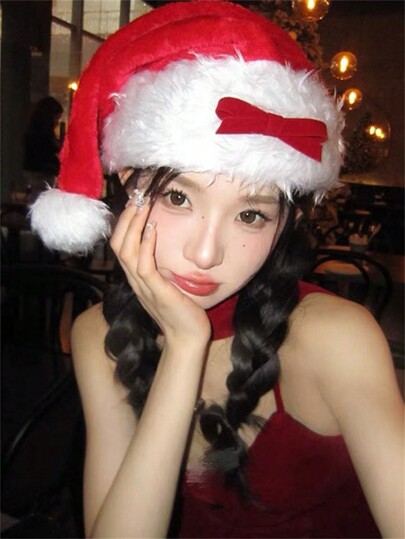 christmas hat, red plush bow, santa hat, cos costumes, women's dress up accessories, headwear, hair accessories, accessories