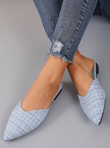 New Pointed Flat Mule Sandals, Women Spring Outfit, Korean Style, Versatile, Chunky Heel, Low Vamp, Comfortable, Cap-Toe, - Blue - View 2