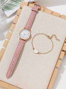 2pcs Women Watch PU Leather Strap Minimalist Quartz Watch, Paired With Heart-Shaped Charm Bracelet Watch Set Valentines