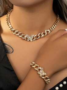 1 Conjunto/kit Pulseira De Bracelete Com Diamantes Incrustados E Colar Brilhante Banhado A Ouro 14k Acessório