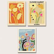 3 件套無框抽象花卉圖案聚酯纖維藍色和橙色城市名稱和英文標語矩形牆壁藝術適合餐廳、客廳、臥室、書房、兒童房、家居裝飾、現代風格 - 彩色 - 查看 5