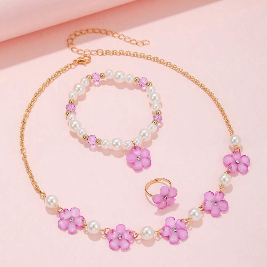 Fashionable Purple Flower Jewelry Set For Children, Including Necklace, Bracelet And Ring (3pcs) - Multicolor - View 1