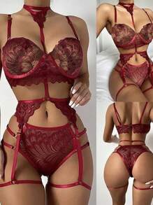 Women's Lace Naughty Sexual Sexy Lingerie Set Garter Belt Accessories Babydoll - 中紫紅色 - 查看 1