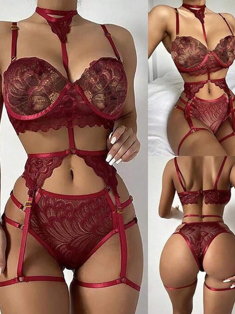 Women's Lace Naughty Sexual Sexy Lingerie Set Garter Belt Accessories Babydoll - 中紫紅色 - 查看 1