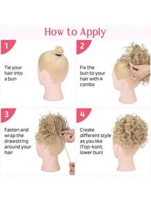 凌亂髮型鬆緊帶拉繩大捲曲60克短合成馬尾辮頭髮團,女士日常使用-自然黑,1入組 - 黑色 - 查看 5