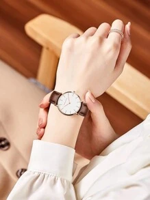 HANNAH MARTIN 1 Peça Relógio de pulso de quartzo casual com pulseira de couro marrom e design nórdico feminino, adequado para decoração diária como um presente para estudantes voltando à escola