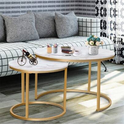 Coffee Table Nesting White Set Of 2 Side Set Golden Frame Circular And Marble Pattern Wooden Tables, Living Room Bedroom Apartment Modern Industrial Simple Nightstand