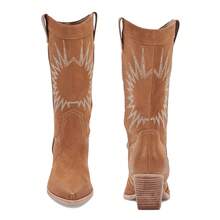 Women's Cowboy Embroidered Western Cowgirl Mid Calf Boots, Pointed Toe Medium Chunky Heel 5cm Stitching Pull-On Boots - 棕色 - 查看 4