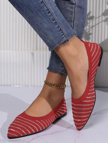 女士透气低帮软底编织平底乐福鞋，一脚蹬舒适轻便休闲鞋 - 紅色 - 查看 3