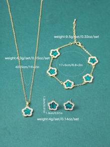 4 件/套，1 条项链 + 1 条手链 + 1 对耳环，优雅镀金 5 瓣花朵设计，镶嵌合成方晶锆石，法式奢华风格，适合日常佩戴和返校季礼物 - 綠色 - 查看 5