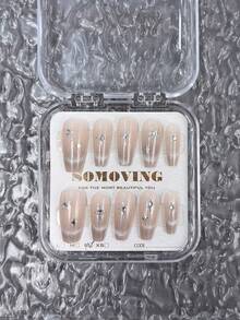 10入組暗卡其色漸變貓眼鑽手工棺材形假指甲,含果凍膠及指甲文件,適用於派對,讓您更加迷人 - 彩色 - 查看 3