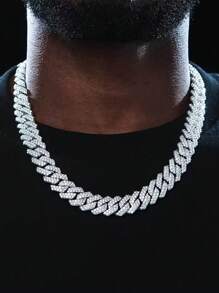 CVNANA 1 European And American Hiphop Fashion Hip-Hop Full Rhinestone 14mm Rhombus Chain Bracelet Men's Necklace People Exaggerated Domineering Chain Necklace Accessories