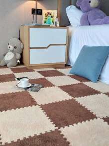 4pcs/set Dual-color Plush Rug Carpet Mats, Khaki & Rusty Brown, Puzzle Foam Mats For Home Decor, Bedroom, Household, Nursery, Multicolor - White - View 1