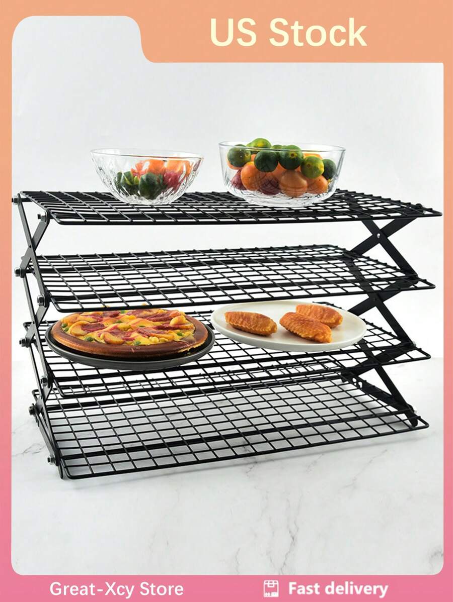 1pc Four-layer Outdoor Camping Table & Iron Art Storage Shelf & Portable Picnic Rack With Foldable Design - màu đen - Xem 1
