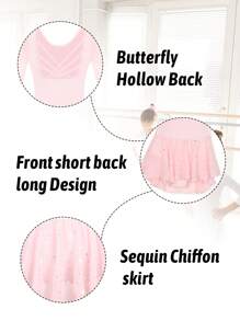 女童芭蕾舞紧身衣，年轻女孩闪亮长袖连衣裙，蝴蝶镂空露背裙，适合舞蹈表演 - 粉色 - 查看 4
