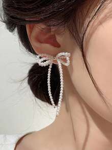 2pcs Luxury Tassel Long Pearl Bowknot Earrings - White - View 4