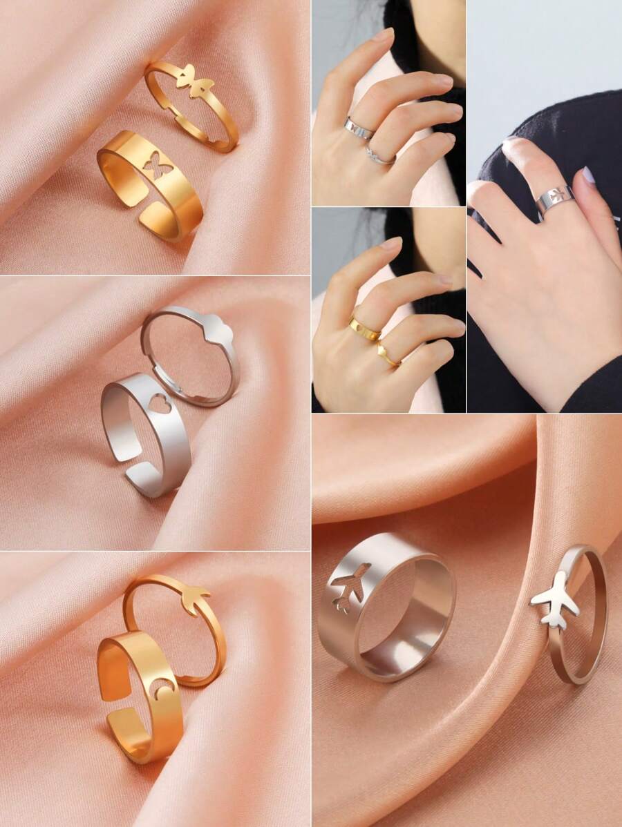 2 件套不銹鋼心形、蝴蝶、月亮、飛機設計女士戒指套裝,簡約、浪漫情侶禮物,男女通用 - 戒指套裝 - 查看 1