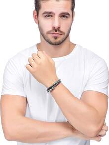 3入組不鏽鋼編織皮革手鍊,男女皮革手腕帶手鐲,扣環7.5-8.5英寸 - 黑色 - 查看 6